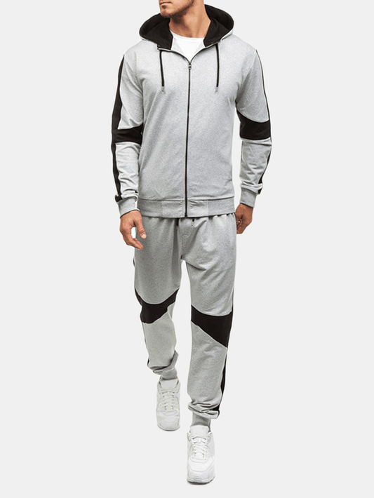 Mens Casual Sport Patchwork Hit Color Running Pants Hooded Fashion Suit