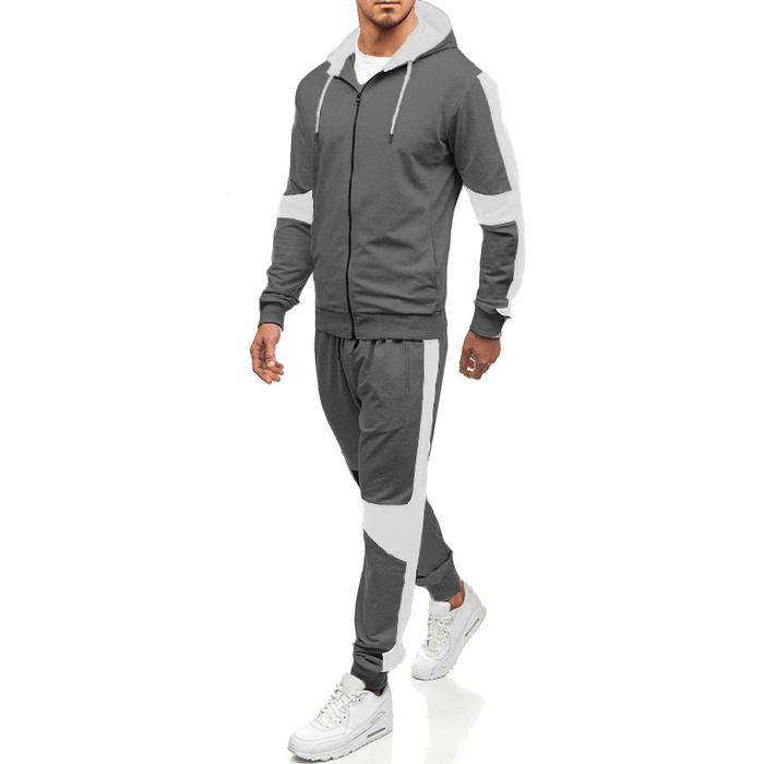 Mens Casual Sport Patchwork Hit Color Running Pants Hooded Fashion Suit