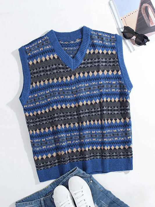 Men's Geometric Graphics Knitted V-Neck Sleeveless Sweater Vests